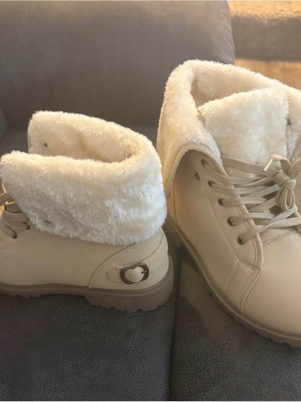 Olivia Miller Cream Faux-Fur Lined Lace-Up Ankle Boots